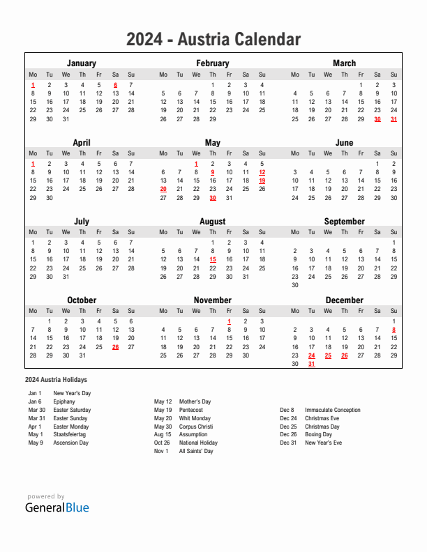 2024 Austria Calendar with Holidays