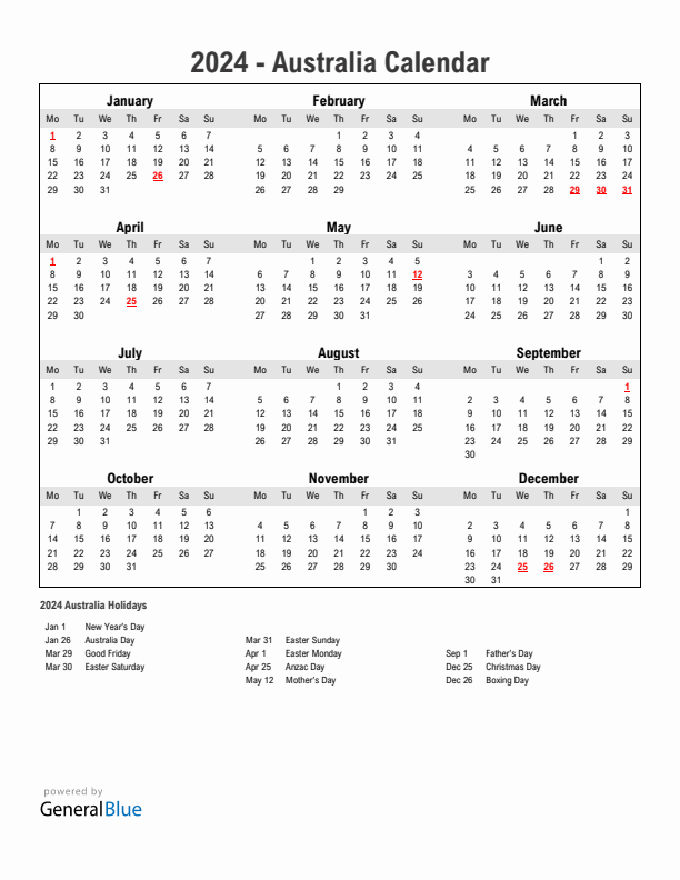 Year 2024 Simple Calendar With Holidays in Australia