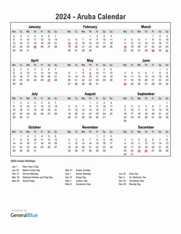 Year 2024 Simple Calendar With Holidays in Aruba