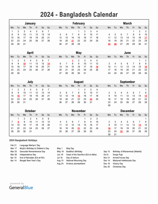 Year 2024 Simple Calendar With Holidays in Bangladesh