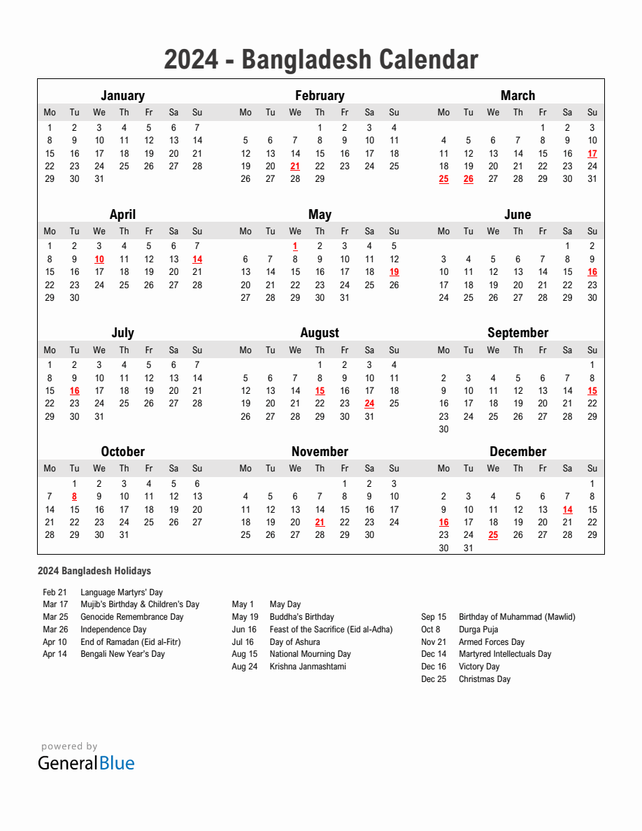 Year 2024 Simple Calendar With Holidays In Bangladesh   2024 Calendar Simple With Holidays Portrait Monday Start En Bd 918x1188 