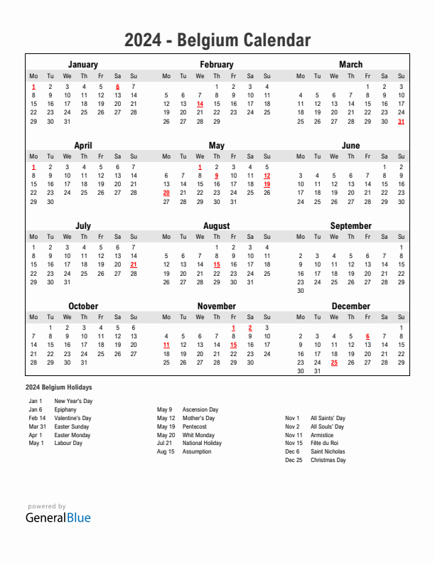 2024 Belgium Calendar with Holidays