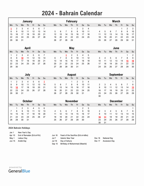Year 2024 Simple Calendar With Holidays in Bahrain