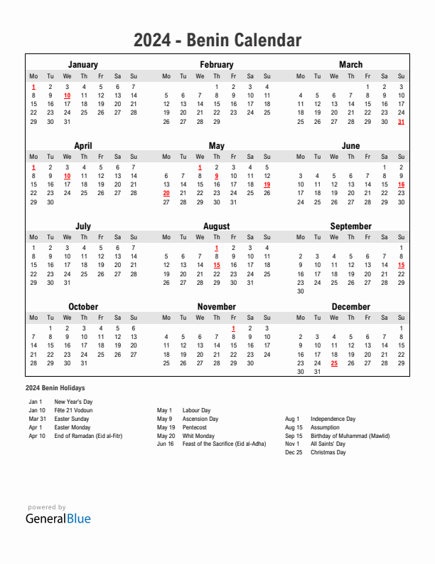 Year 2024 Simple Calendar With Holidays in Benin