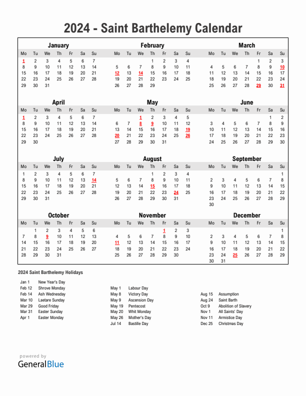 Year 2024 Simple Calendar With Holidays in Saint Barthelemy