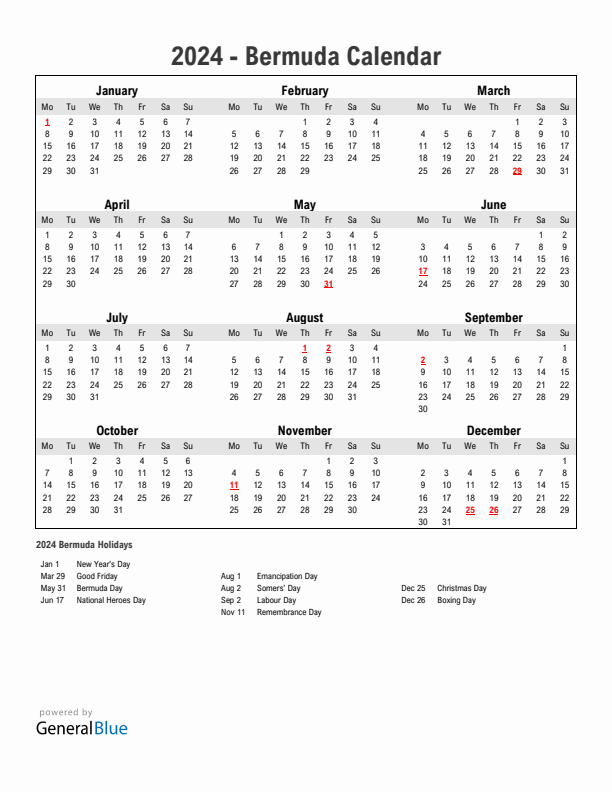 Year 2024 Simple Calendar With Holidays in Bermuda