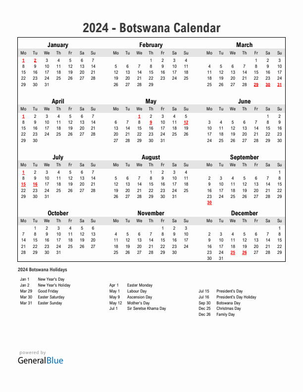 Year 2024 Simple Calendar With Holidays in Botswana