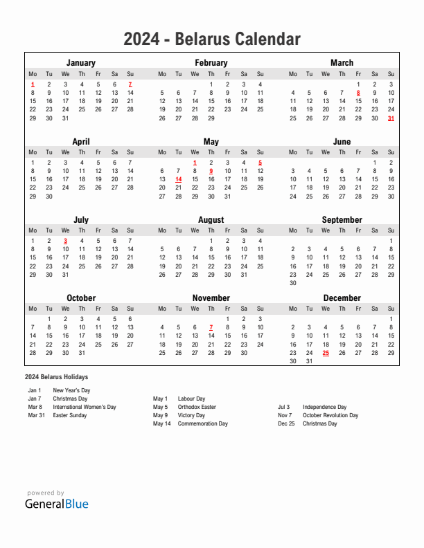 Year 2024 Simple Calendar With Holidays in Belarus
