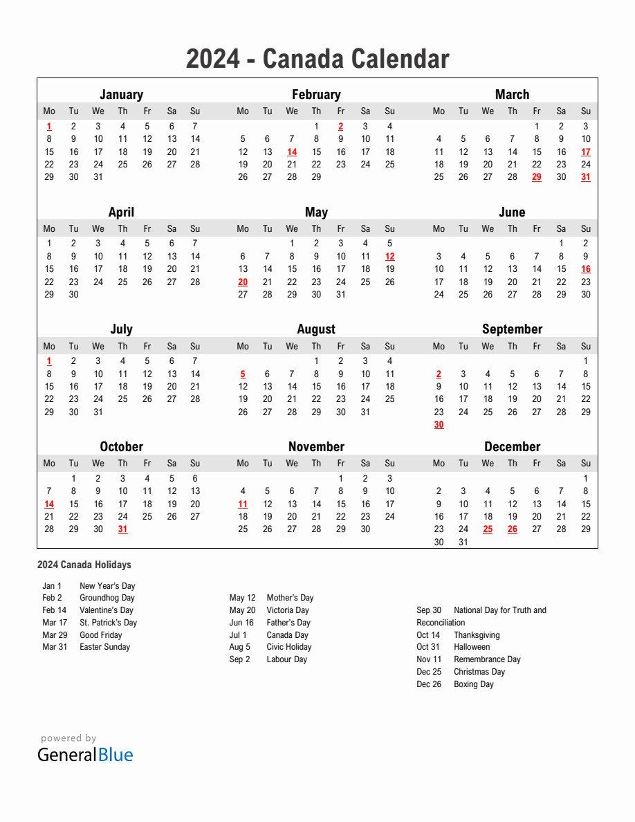 Year 2024 Simple Calendar With Holidays in Canada