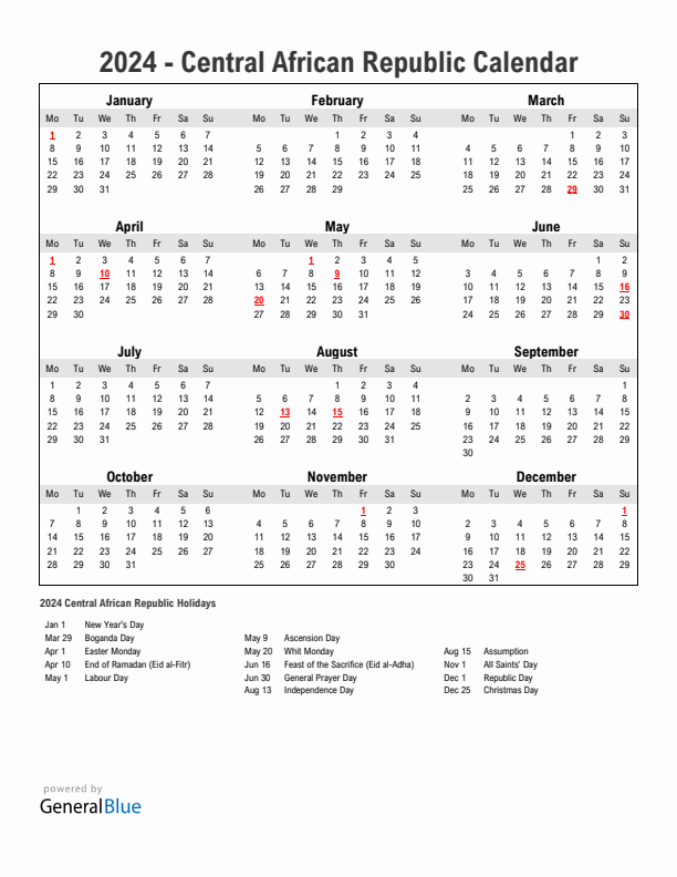 Year 2024 Simple Calendar With Holidays in Central African Republic