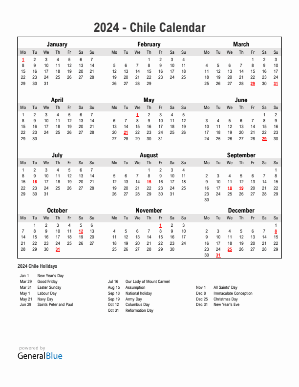 Year 2024 Simple Calendar With Holidays in Chile