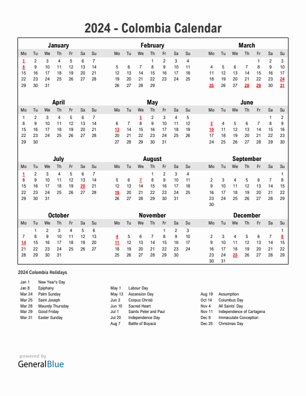Year 2024 Simple Calendar With Holidays in Colombia