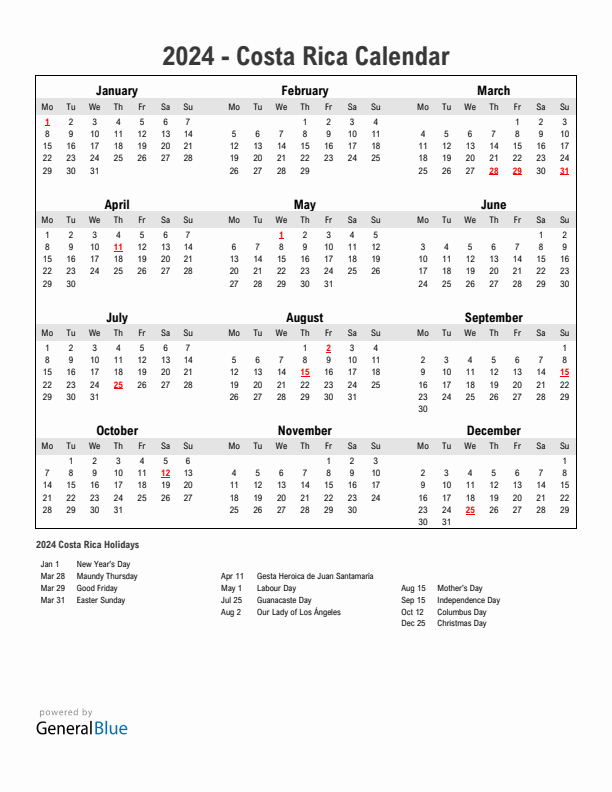 Year 2024 Simple Calendar With Holidays in Costa Rica