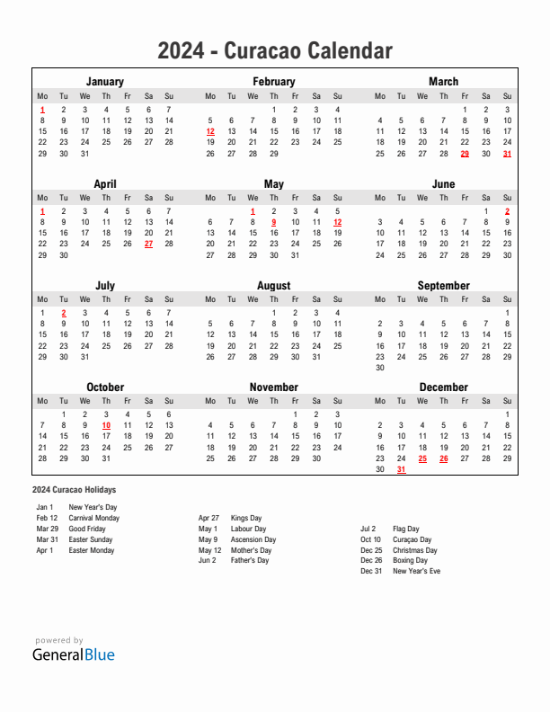 Year 2024 Simple Calendar With Holidays in Curacao