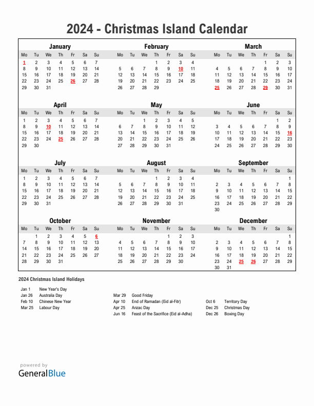 Year 2024 Simple Calendar With Holidays in Christmas Island