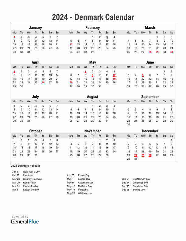 Year 2024 Simple Calendar With Holidays in Denmark