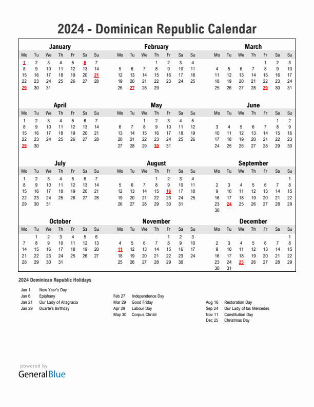 Year 2024 Simple Calendar With Holidays in Dominican Republic