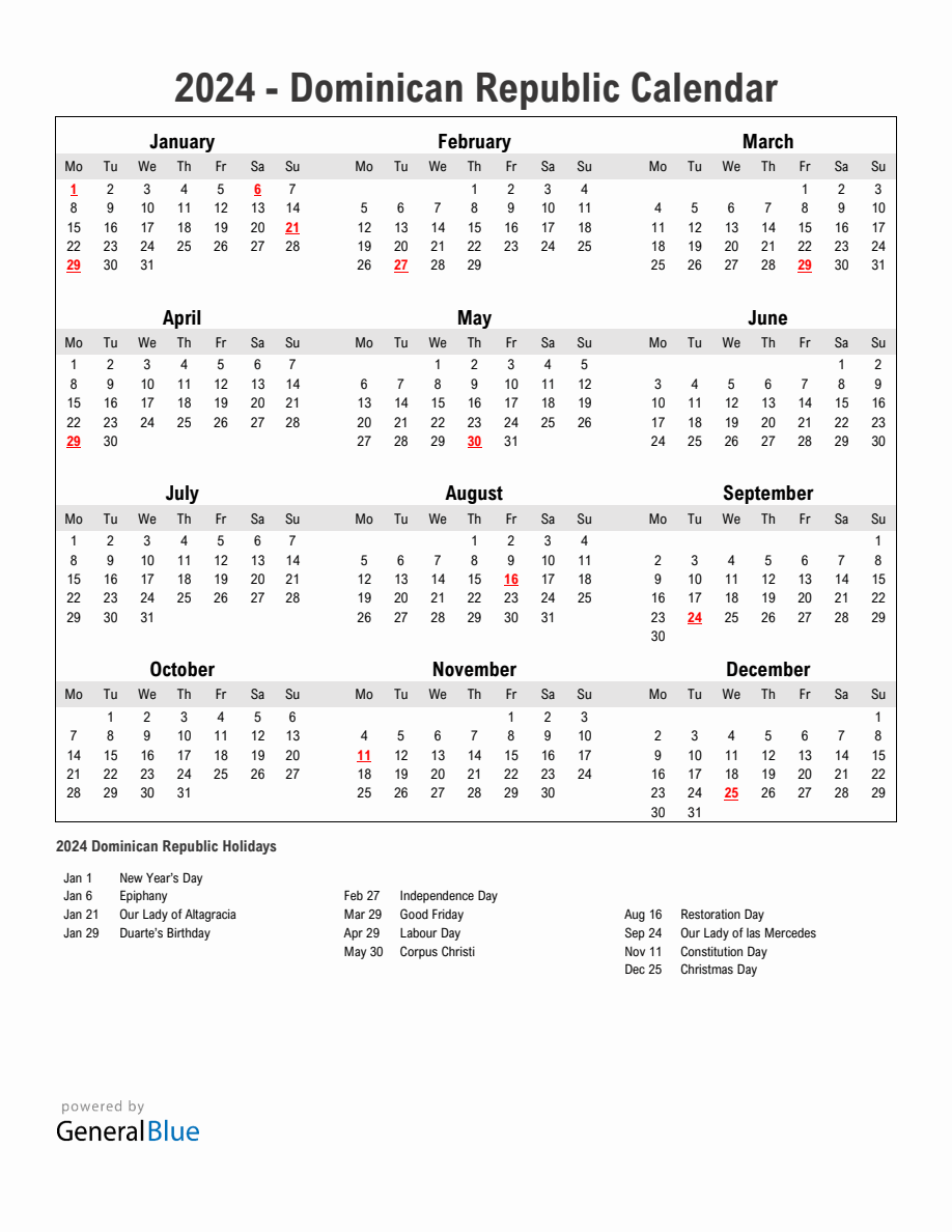 Year 2024 Simple Calendar With Holidays in Dominican Republic