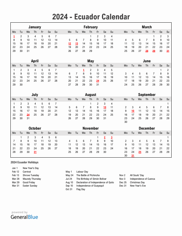 Year 2024 Simple Calendar With Holidays in Ecuador