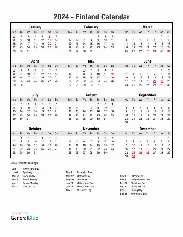 Year 2024 Simple Calendar With Holidays in Finland