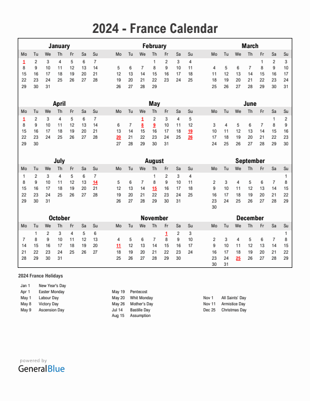 Year 2024 Simple Calendar With Holidays in France