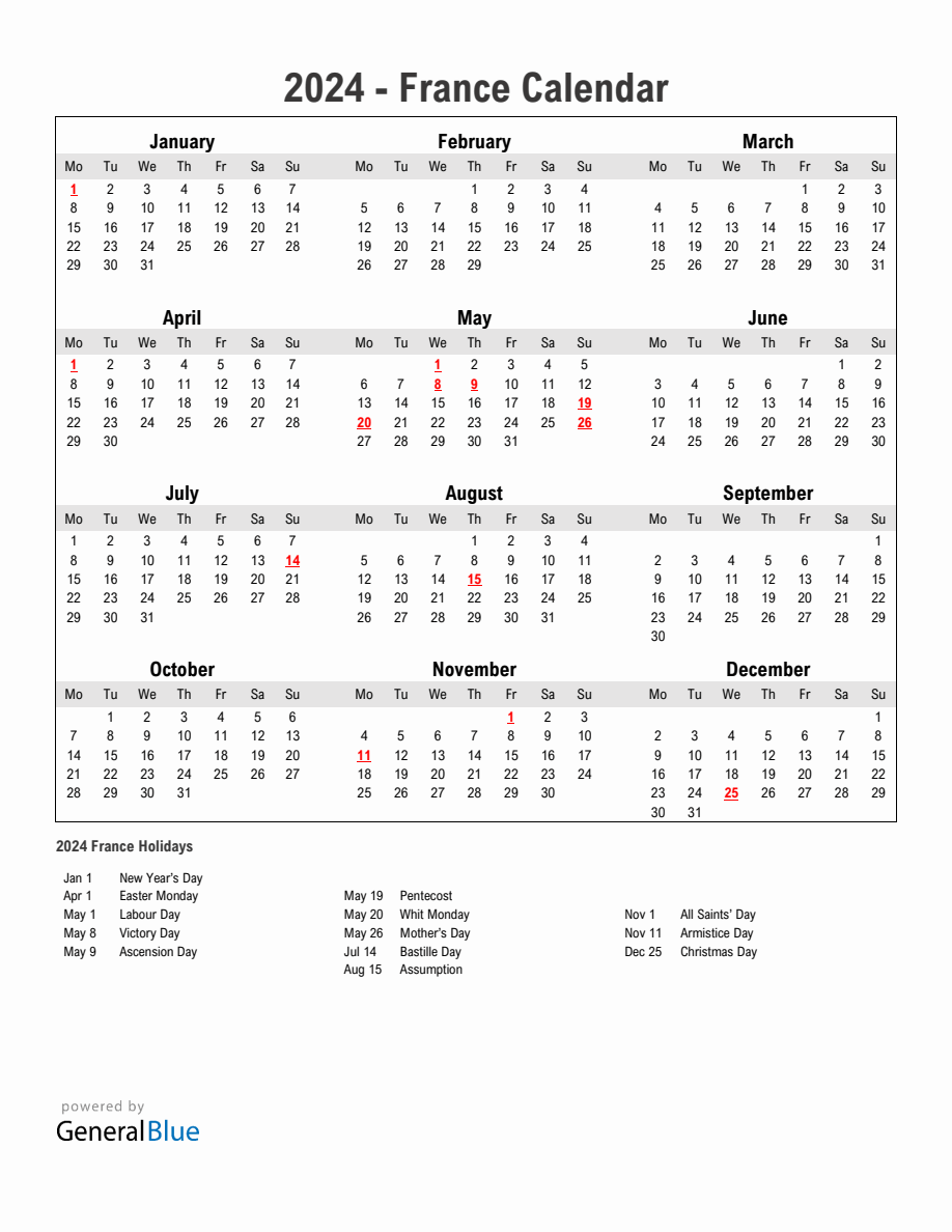 Year 2024 Simple Calendar With Holidays in France