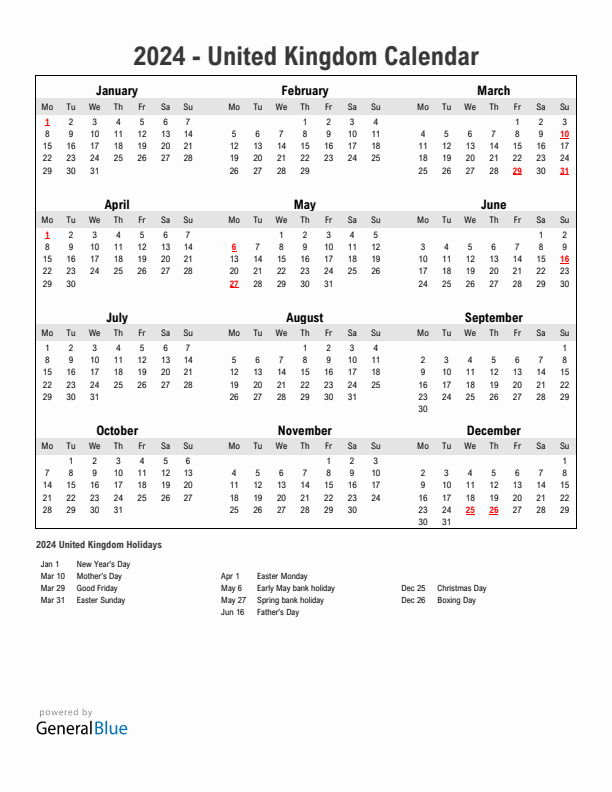 Year 2024 Simple Calendar With Holidays in United Kingdom