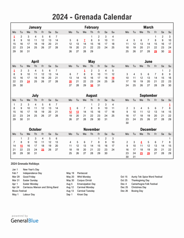 Year 2024 Simple Calendar With Holidays in Grenada