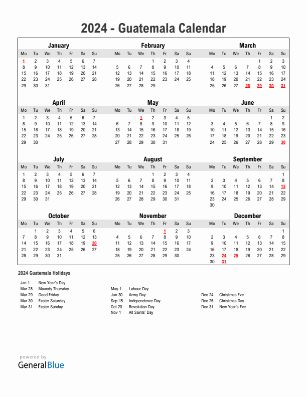 Year 2024 Simple Calendar With Holidays in Guatemala