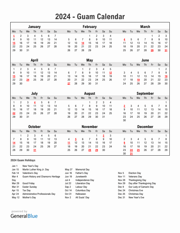 Year 2024 Simple Calendar With Holidays in Guam