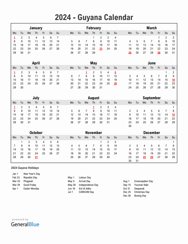 Year 2024 Simple Calendar With Holidays in Guyana