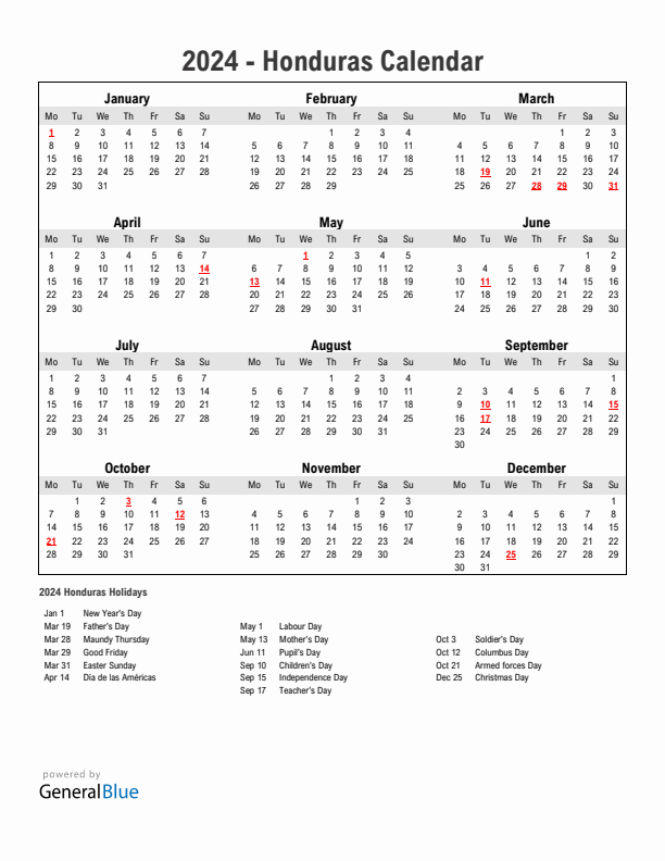 Year 2024 Simple Calendar With Holidays in Honduras