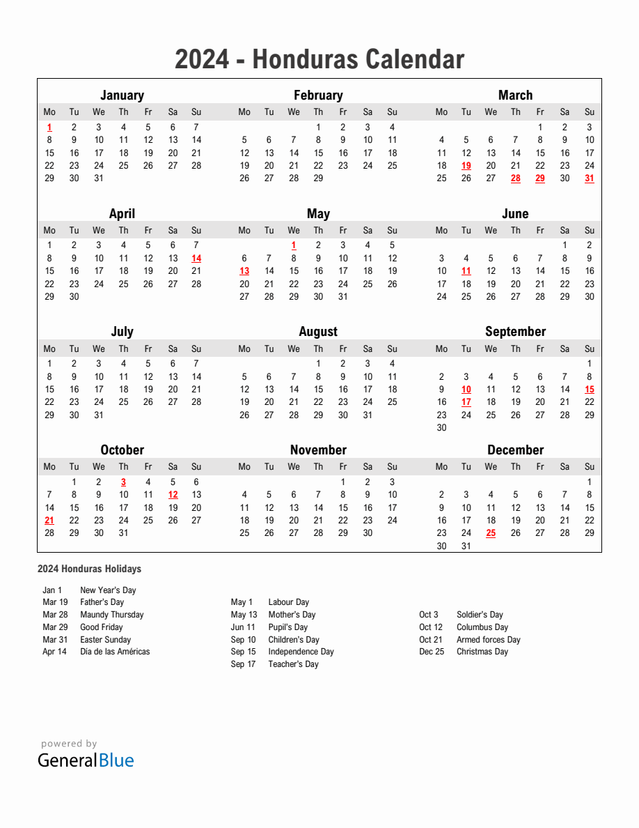 Year 2024 Simple Calendar With Holidays In Honduras   2024 Calendar Simple With Holidays Portrait Monday Start En Hn 918x1188 