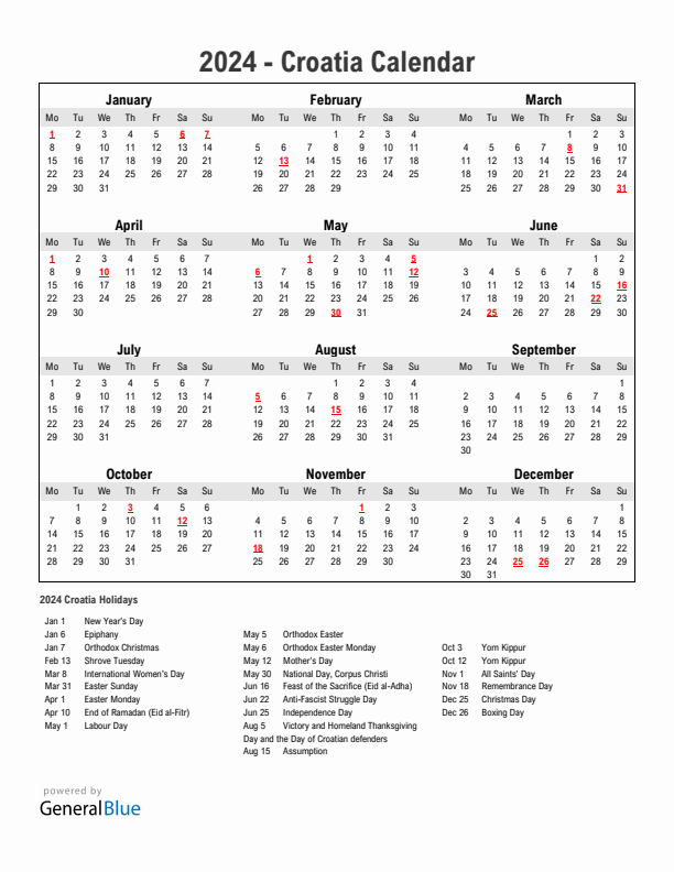 Year 2024 Simple Calendar With Holidays in Croatia