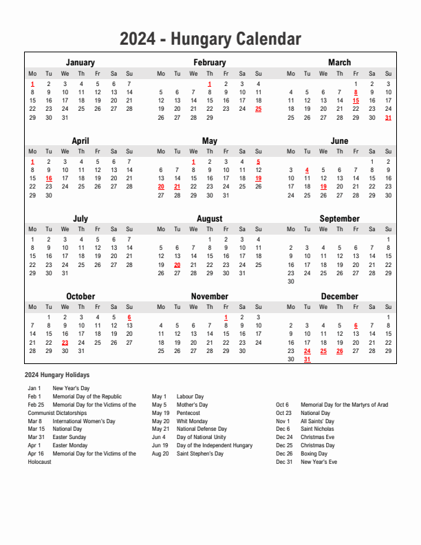 Year 2024 Simple Calendar With Holidays in Hungary