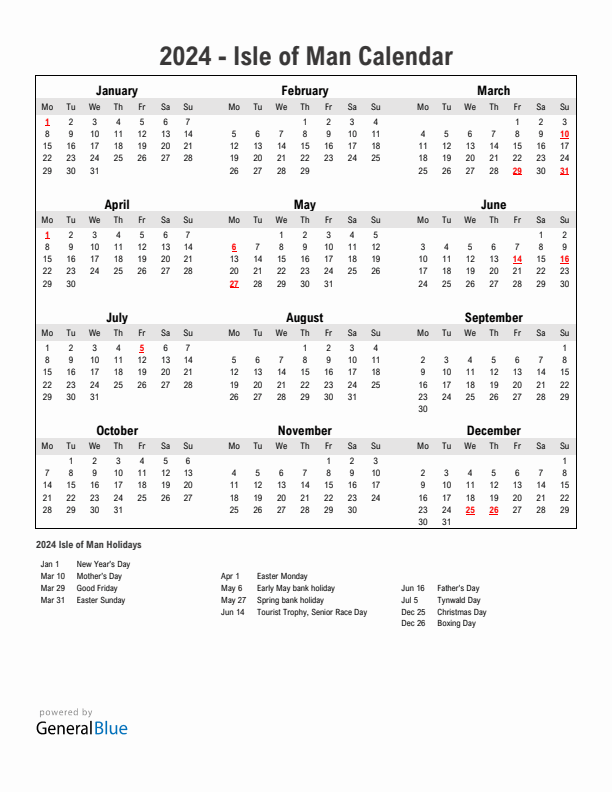 Year 2024 Simple Calendar With Holidays in Isle of Man