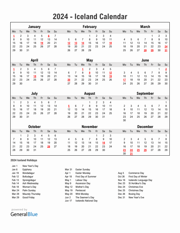 Year 2024 Simple Calendar With Holidays in Iceland
