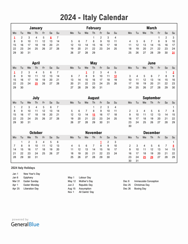 Year 2024 Simple Calendar With Holidays in Italy