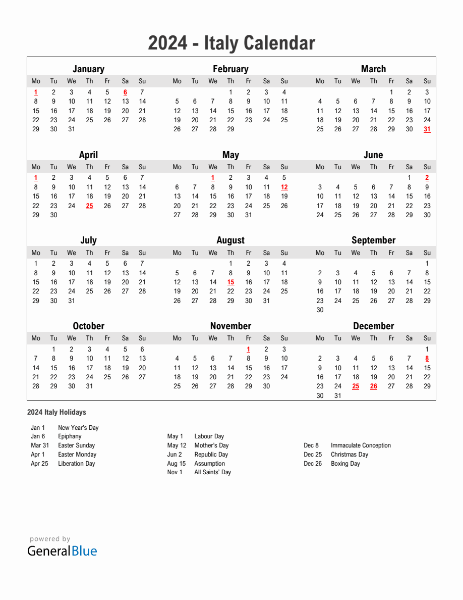 Year 2024 Simple Calendar With Holidays in Italy