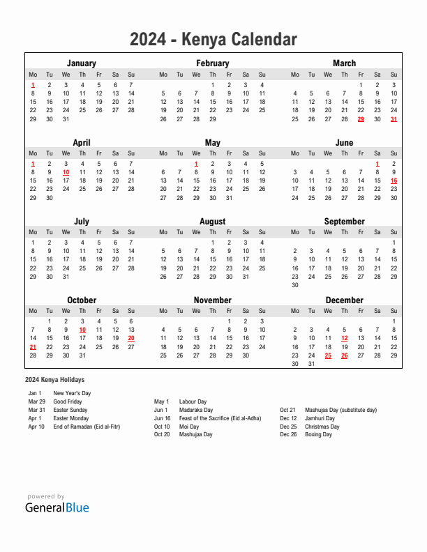 Year 2024 Simple Calendar With Holidays in Kenya