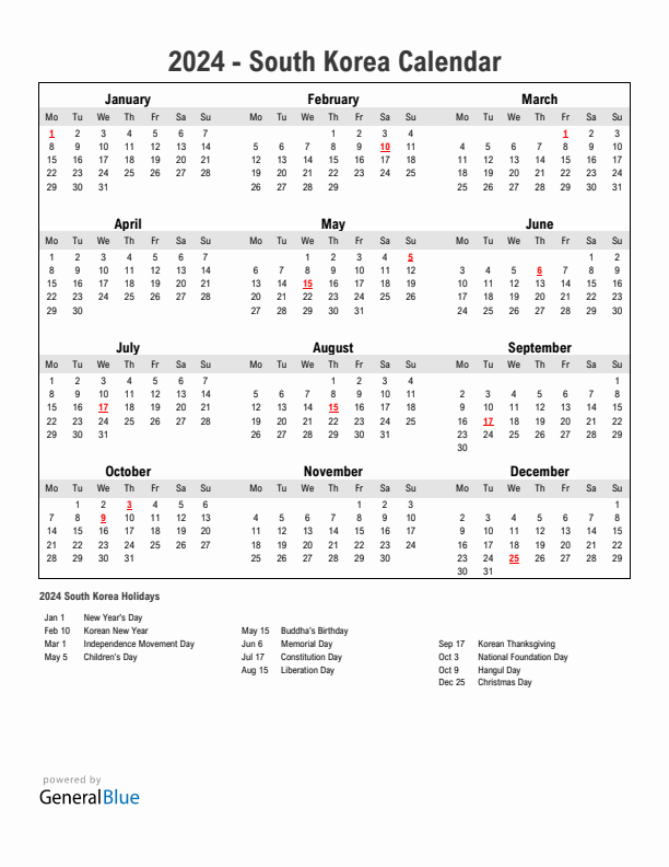 Year 2024 Simple Calendar With Holidays in South Korea