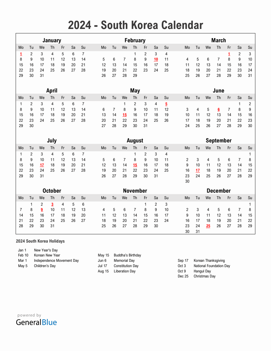 Year 2024 Simple Calendar With Holidays In South Korea   2024 Calendar Simple With Holidays Portrait Monday Start En Kr 918x1188 