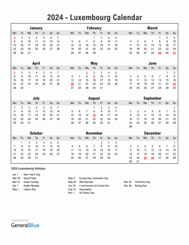 Year 2024 Simple Calendar With Holidays in Luxembourg