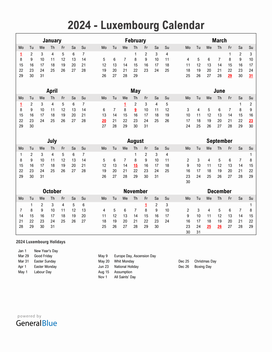 Year 2024 Simple Calendar With Holidays in Luxembourg