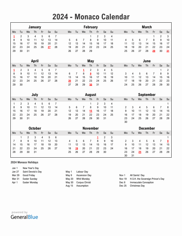 Year 2024 Simple Calendar With Holidays in Monaco