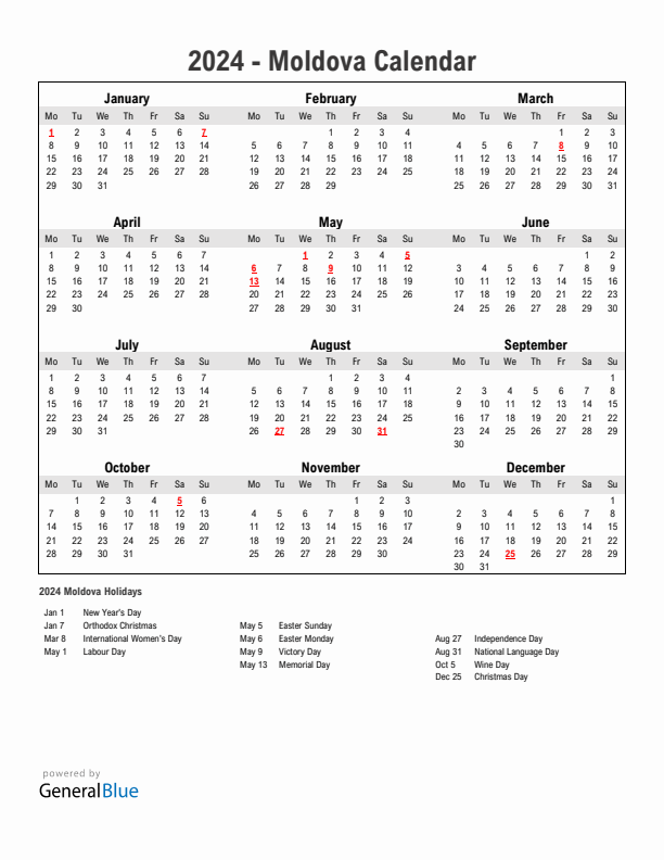 Year 2024 Simple Calendar With Holidays in Moldova