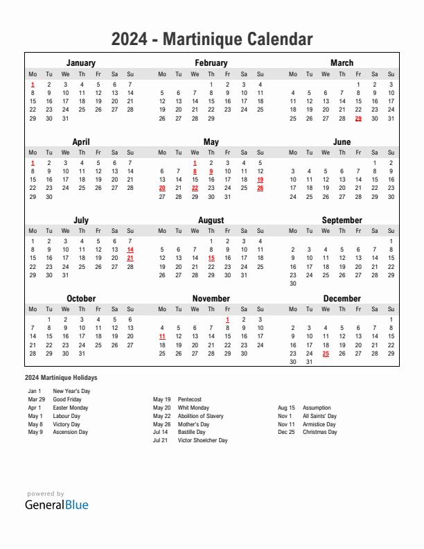 Year 2024 Simple Calendar With Holidays in Martinique