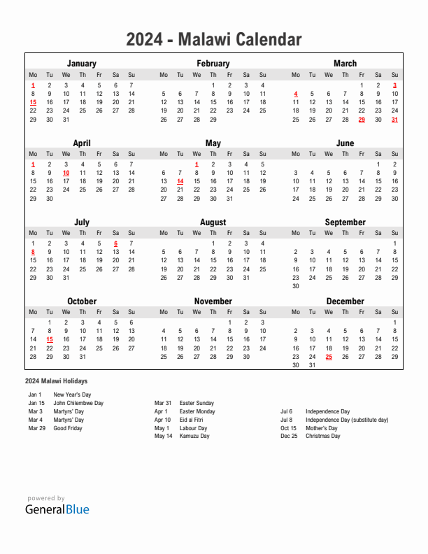 Year 2024 Simple Calendar With Holidays in Malawi