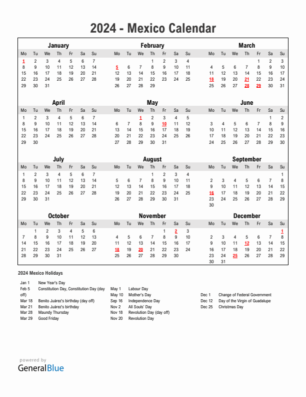 Year 2024 Simple Calendar With Holidays in Mexico