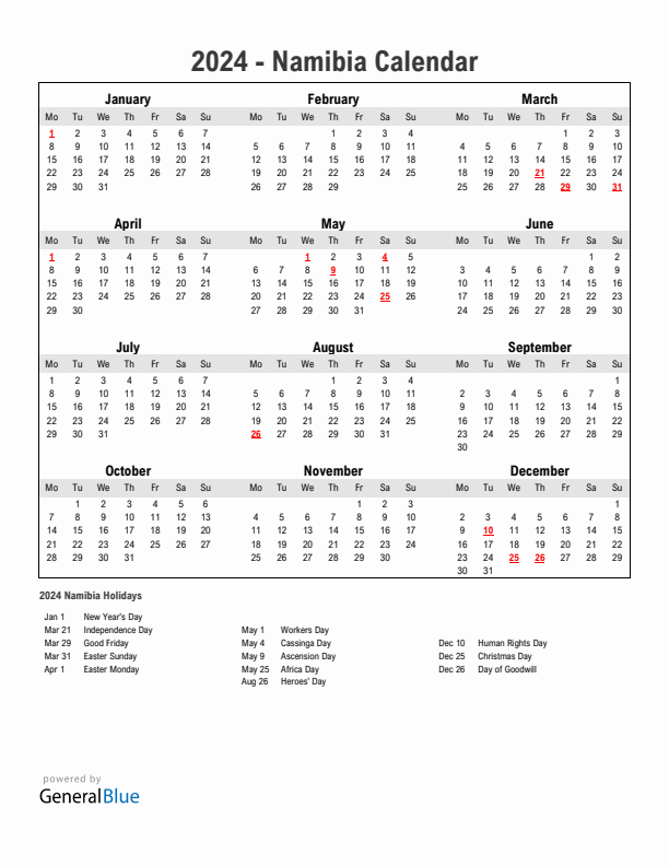 Year 2024 Simple Calendar With Holidays in Namibia